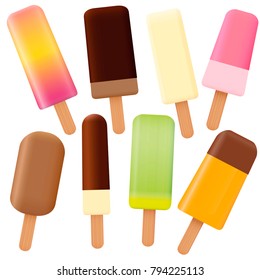 Popsicles - summer fun ice collection - loosely arranged set of eight different lollies - isolated vector illustration on white background.