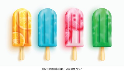 Popsicles vector set design. Popsicle desserts with orange, strawberry and sweet flavors isolated in white background for 3d realistic collection. Vector illustration.
