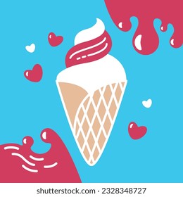 Popsicles in a waffle cone in cartoon graphic style. Favorite summer refreshing dessert. Spreading jam. Ice cream with filling.