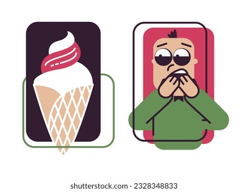 Popsicles in a waffle cone in cartoon graphic style. Favorite summer refreshing dessert. Spreading jam. The kid opened his mouth in delight. The character wants a treat. Emotion of surprise and love.