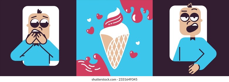 Popsicles in a waffle cone in cartoon graphic style. Favorite summer refreshing dessert. Emotion of indifference and delight. A refreshing treat for kids and adults. Design for advertising ice cream.