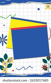 A pop-style graphic template with a combination of geometric shapes, flowers and torn effects that give an expressive and artistic impression.