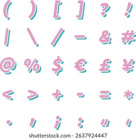 A pop-style sticker set featuring 3D symbols in pink and light blue. Perfect for titles and cute decorations.