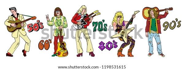 Popular 20th\
century rock music styles : 50s rock\'n\'roll, 60s hippie, 70s\
progressive rock, 80s glam metal, 90s grunge. Hand drawn sketchy\
illustration. Rock stars,\
guitarists.