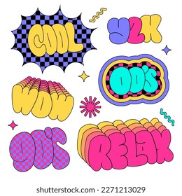 Popular 90s words retro lettering sticker set in vivid intage vibe style. Hand drawn typography vector illustrations - cool, y2k, wow, 00's, relax