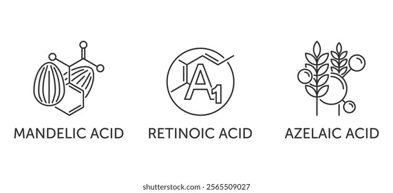 Popular acids used in skincare products - Mandelic, Retinoic, Azelaic acid. Emblems set for labeling in thin line