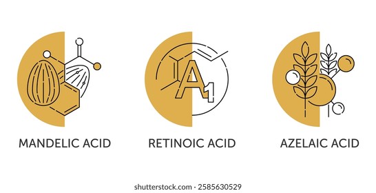 Popular acids used in skincare products - Mandelic, Retinoic, Azelaic acid. Emblems set for labeling in thin line with semicircular background
