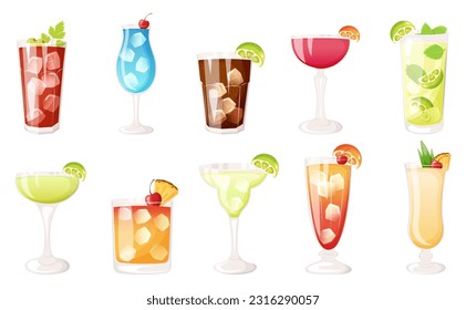 Popular alcoholic cocktail set. Bloody Mary, blue lagoon, Cuba libre, cosmopolitan, mojito, daiquiri, mai tai, margarita, tequila sunrise, Pina colada.