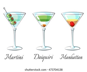 Popular alcoholic cocktails icons on white background with signs vector illustration