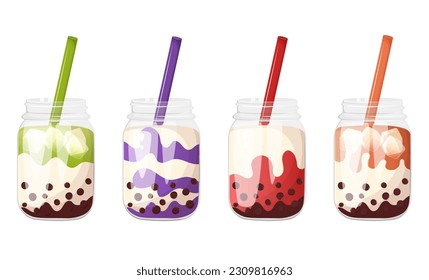 Popular asian soft drink bubble tea in a glass bottle with straw. Boba tea cartoon style illustration.