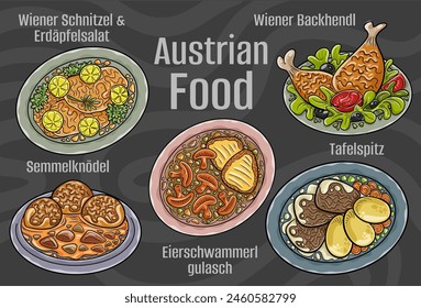 Popular Austrian National Cuisine Set. Hand-drawn vector illustration on a dark background.