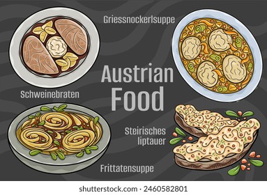 Popular Austrian National Cuisine Set. Hand-drawn vector illustration on a dark background.