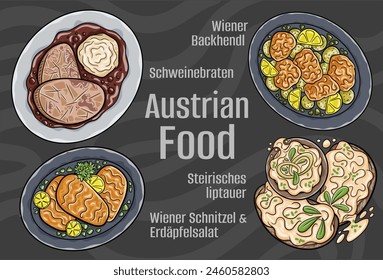 Popular Austrian National Cuisine Set. Hand-drawn vector illustration on a dark background.