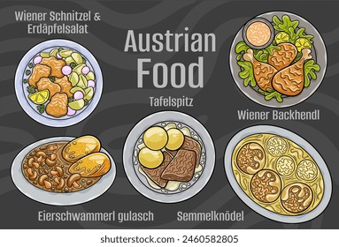 Popular Austrian National Cuisine Set. Hand-drawn vector illustration on a dark background.