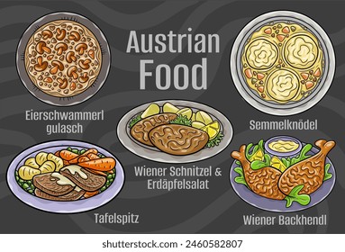 Popular Austrian National Cuisine Set. Hand-drawn vector illustration on a dark background.