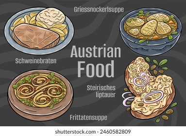 Popular Austrian National Cuisine Set. Hand-drawn vector illustration on a dark background.