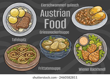 Popular Austrian National Cuisine Set. Hand-drawn vector illustration on a dark background.