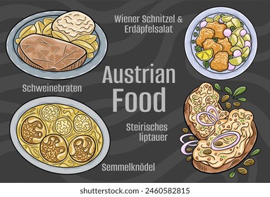 Popular Austrian National Cuisine Set. Hand-drawn vector illustration on a dark background.