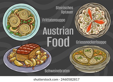 Popular Austrian National Cuisine Set. Hand-drawn vector illustration on a dark background.