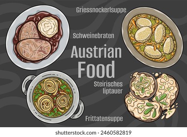 Popular Austrian National Cuisine Set. Hand-drawn vector illustration on a dark background.