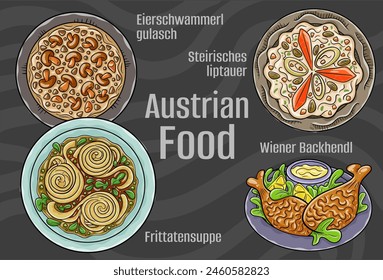 Popular Austrian National Cuisine Set. Hand-drawn vector illustration on a dark background.