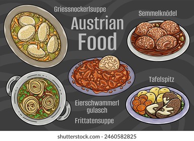 Popular Austrian National Cuisine Set. Hand-drawn vector illustration on a dark background.