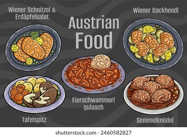 Popular Austrian National Cuisine Set. Hand-drawn vector illustration on a dark background.