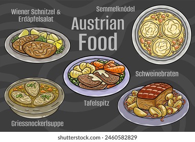 Popular Austrian National Cuisine Set. Hand-drawn vector illustration on a dark background.