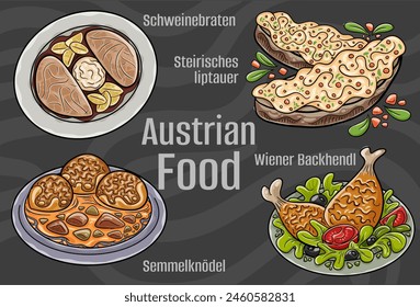 Popular Austrian National Cuisine Set. Hand-drawn vector illustration on a dark background.