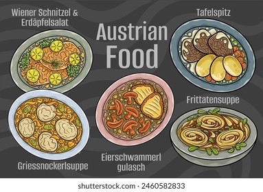 Popular Austrian National Cuisine Set. Hand-drawn vector illustration on a dark background.