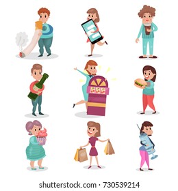 Popular bad habits and addictions of modern society set cartoon vector Illustrations