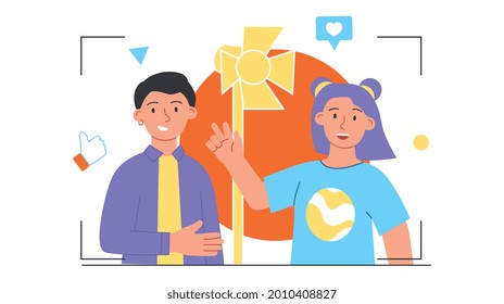 Popular Blogger Concept. Man Invited A Famous Person To His Show On The Internet. Interview With A Blogger. Filming Process. Cartoon Modern Flat Vector Illustration Isolated On A White Background