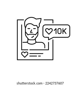 Popular blogger guy with ten thousand likes on social media. Pixel perfect, editable stroke line icon