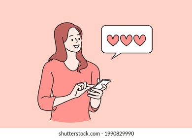 Popular blogger or vlogger concept. Cheerful girl cartoon character popular blogger looking glad standing with smartphone and checking number of followers and likes vector illustration 