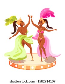 Popular brazil carnival event advertising poster element. Cartoon women in festive clothes dancing. Stage in shape of drums. Vector illustration