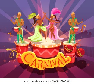 Popular brazil carnival event advertising flat poster. Cartoon people in festive clothes dancing playing musical instrument. Stage in shape of drums. Maracas decorated lettering. Vector illustration