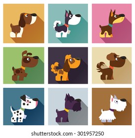 Popular breeds of dog in simple flat style. Icons isolated on white
