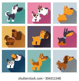 Popular breeds of dog in simple flat style. Icons isolated on white