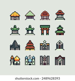 Popular buildings pixel art 80s style icons set isolated vector illustration. Banner for the tourist tour famous monuments. Vacation time. Tourist attraction landmark.  Design for stickers and logo