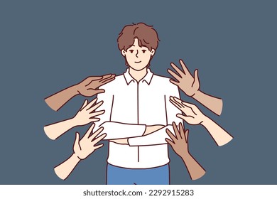 Popular business man beside many hands wanting to touch idol, for concept of corporate training or team building activities. Proud guy in business clothes are popular among colleagues 