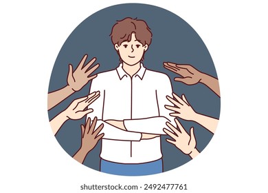 Popular business man beside many hands wanting to touch idol, for concept of corporate training or team building activities. Proud guy in business clothes are popular among colleagues