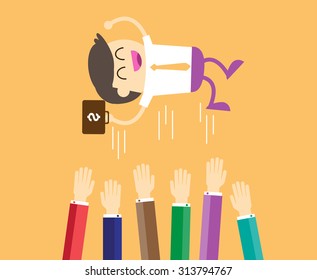 Popular businessman get thrown into the air by coworkers during celebration. Vector illustration for business concept. success. hand. throw. happy. infographics. plan. flat design orange background.