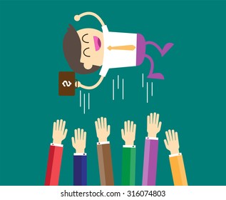 Popular businessman get thrown into the air by coworkers during celebration. Vector illustration for business concept. success. hand.throw.happy. infographics. plan. flat design blue green background.