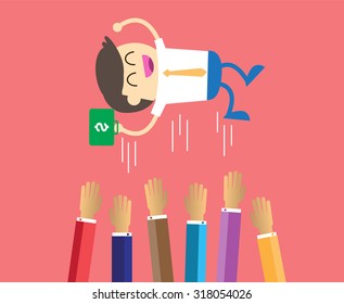 Popular businessman get thrown into the air by coworkers during celebration. Vector illustration for business concept.