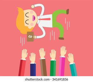 Popular businessman get thrown into the air by coworkers during celebration. Vector illustration for business concept. success. hand. throw. happy. infographics. plan. flat design