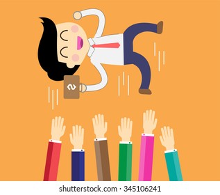 Popular businessman get thrown into the air by coworkers during celebration. Vector illustration for business concept. success. hand. throw. happy. infographics. plan. flat design background.