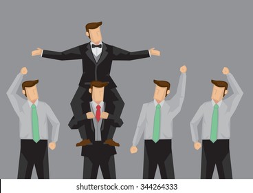 Popular cartoon man being carried on the shoulders of another person and enjoying the cheer of his followers. Vector illustration on popularity at work concept isolated on grey background.