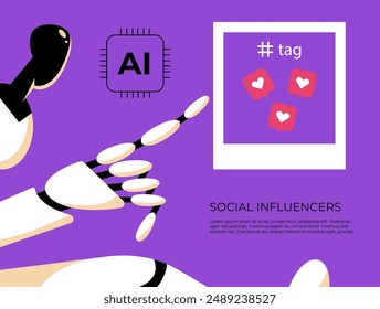 Populares Cuenta de celebridades. Ai Robot mostrando la foto con "me gusta". Redes sociales y publicación en línea. Bloguero y seguidores, líder de opinión e influencer. Ilustración vectorial plana de dibujos animados.