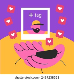 Popular celebrity account. Boy in the photo with likes. Social networks and online publishing. Blogger and followers, opinion leader and influencer. Cartoon flat vector illustration.