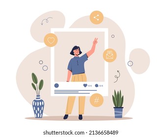 Popular celebrity account. Young girl in photo shows two fingers. Social networks and posts on Internet. Blogger and followers, opinion leader and influencer. Cartoon flat vector illustration - Shutterstock ID 2136658489